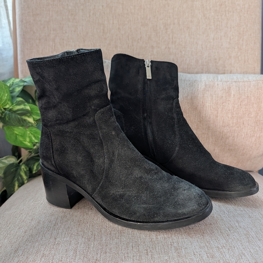 Aquatalia Black Suede Women's Ankle Boots - Classic Block Heel